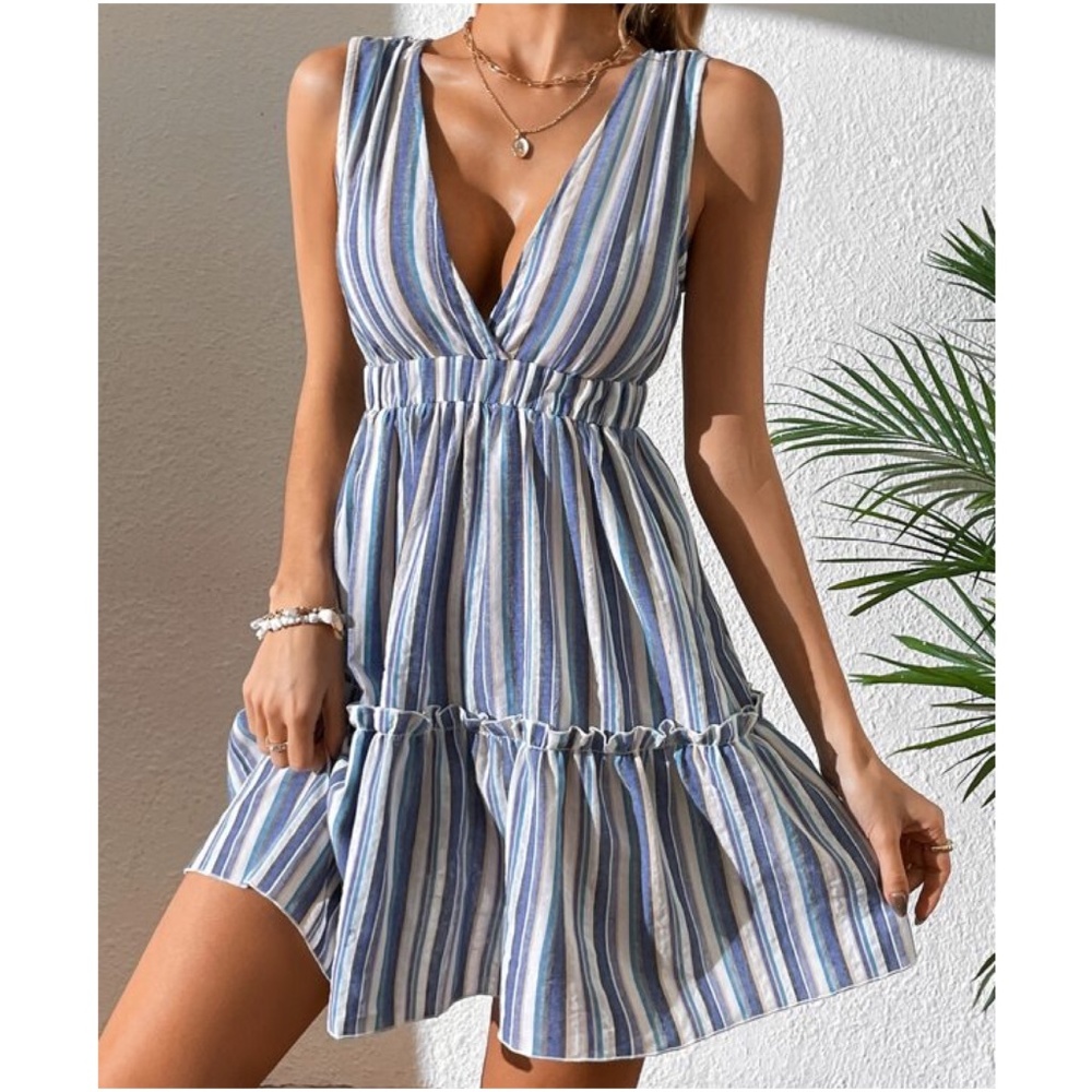 Boho Plunging Neck Striped Backless Mini Dress - Picture 1 of 4